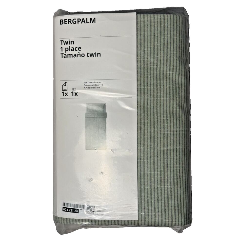 IKEA BERGPALM Twin Duvet Cover & Pillow Sham Set Green Pinstripes-NEW